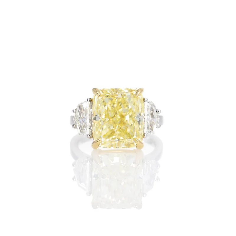 10.07 Carat Fancy Yellow Cushion Diamond Three Stone Ring