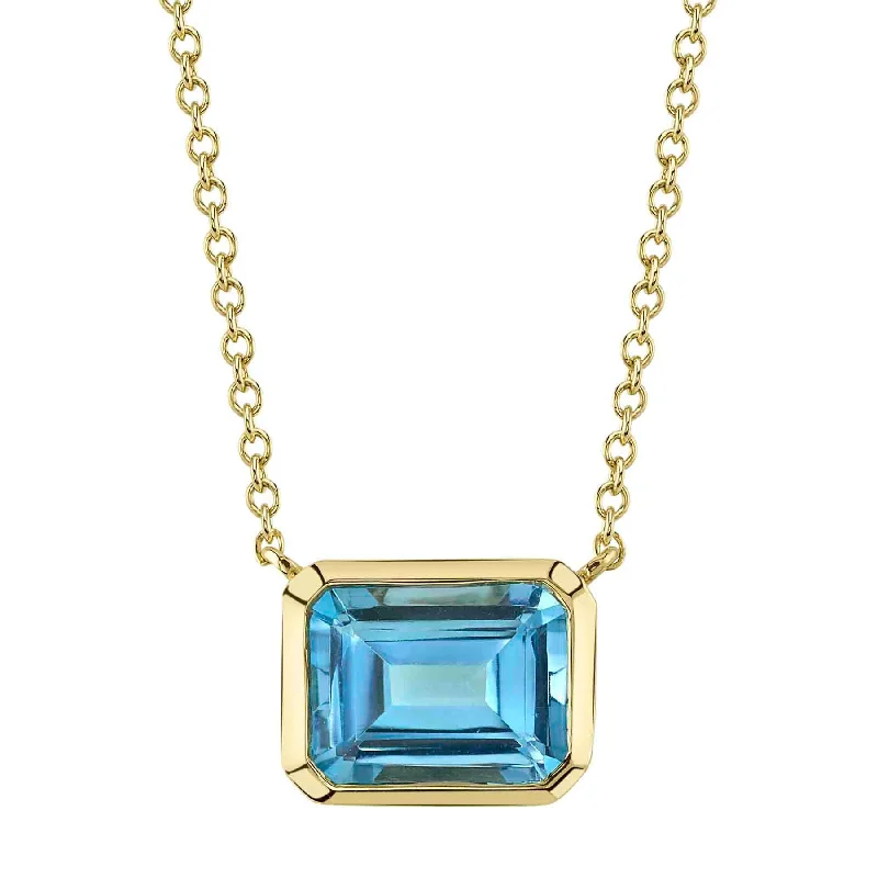 14K Gold 2.08 Carat Blue Topaz Bezel Pendant Necklace