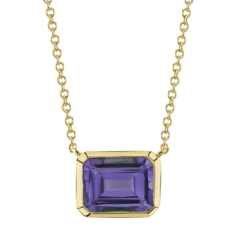 14K Gold 1.40 Carat Amethyst Bezel Pendant Necklace