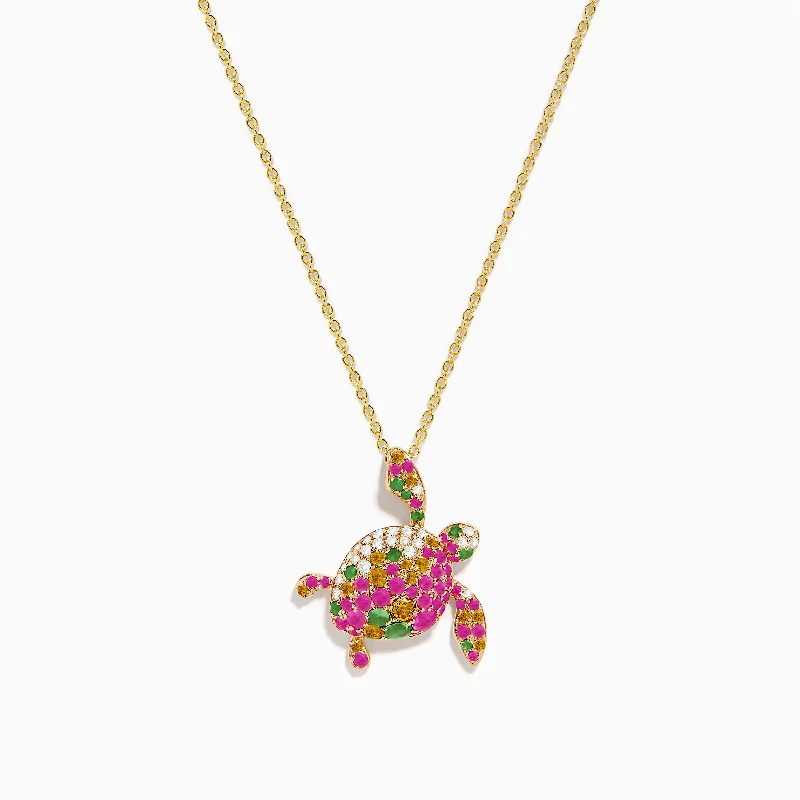 14K Rose Gold Pink and Yellow SapphireTsavorite and Diamond Turtle Pendant