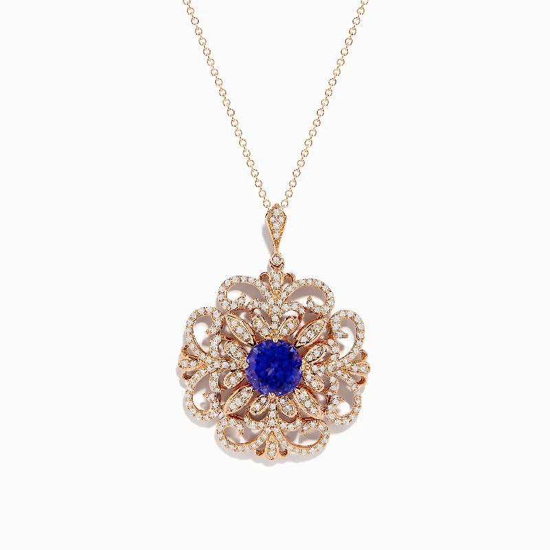 14K Rose Gold Tanzanite and Diamond Filigree Pendant