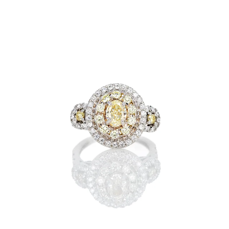 14K White Gold 0.40 Carat Oval Light Yellow Diamond Halo Ring