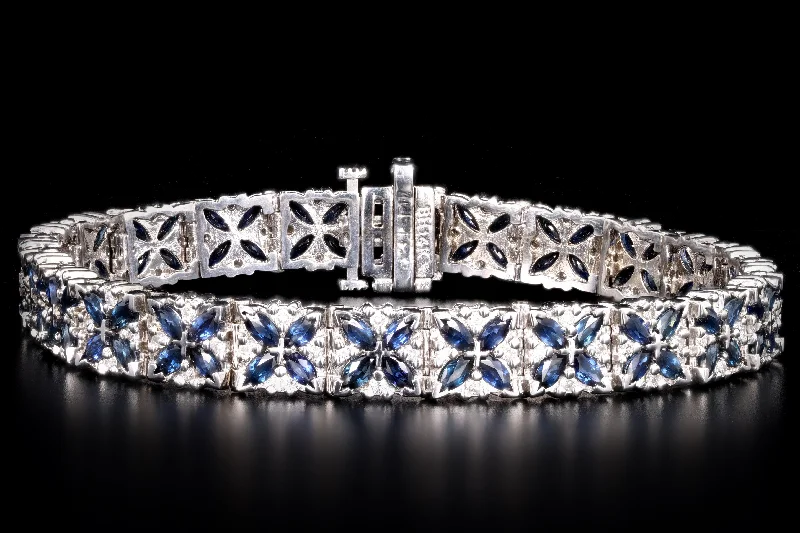 14K White Gold Marquise Natural Sapphire & Diamond Flower Bracelet