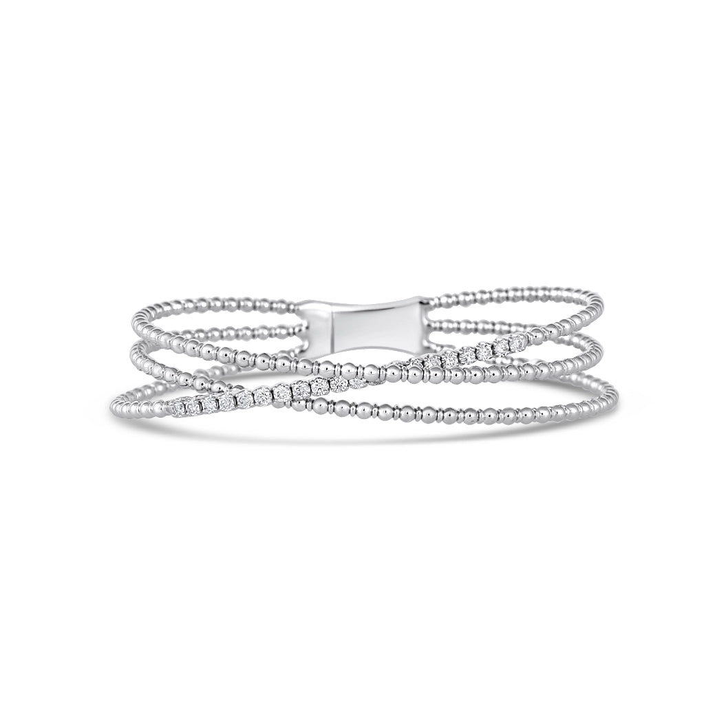 14K White Gold Open Three Layer Beaded Crossover Diamond Bracelet