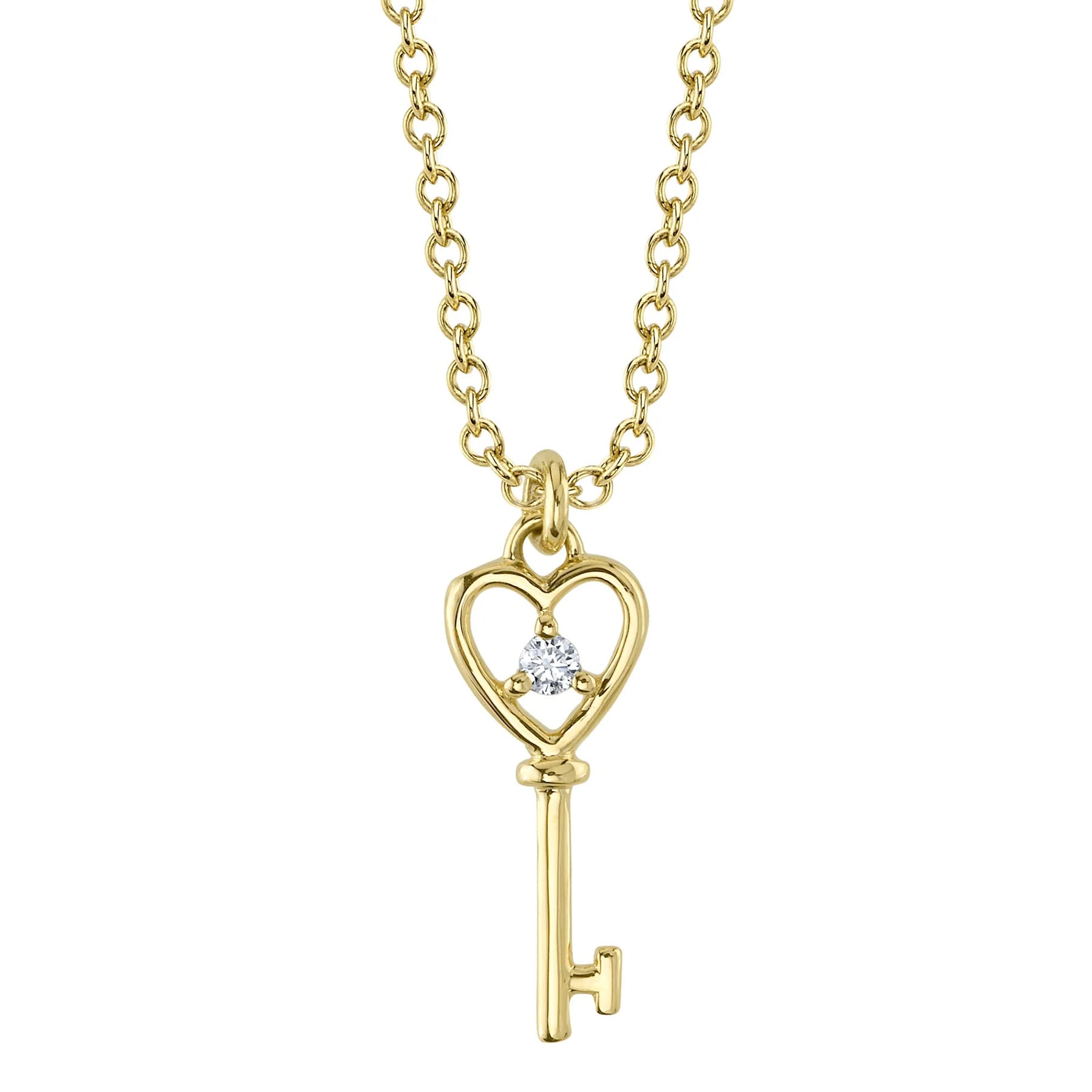 14K Yellow Gold Diamond Heart Key Pendant Necklace