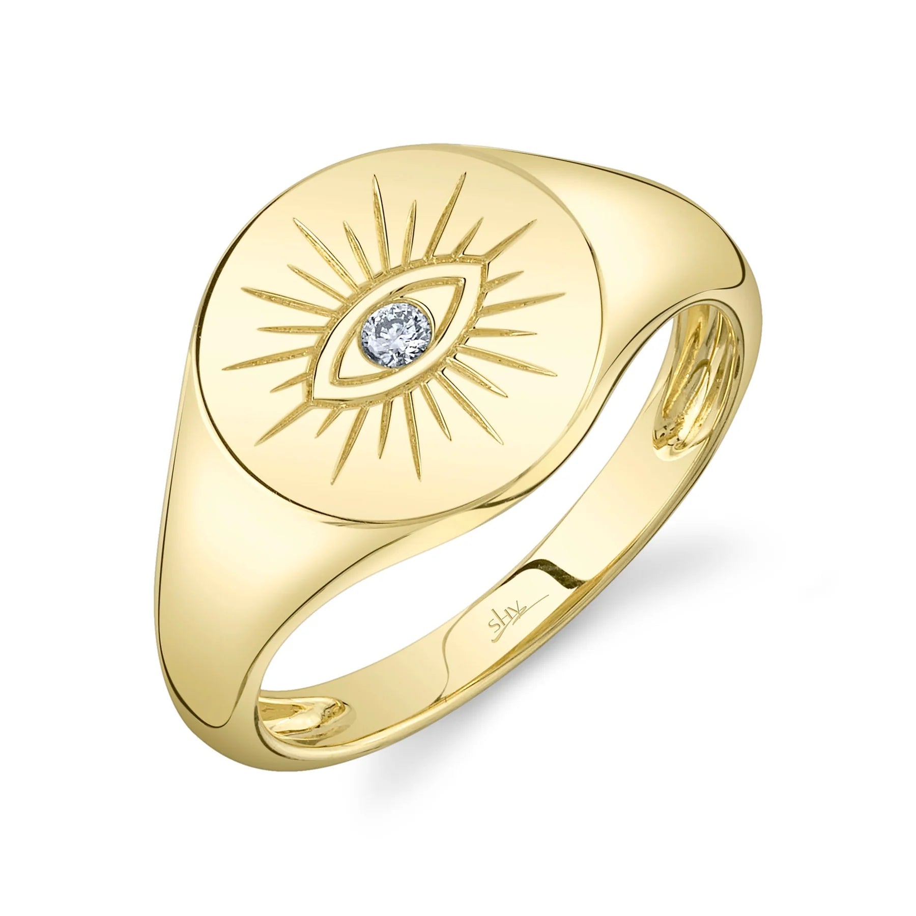 14K Yellow Gold 0.03 Carat Diamond Eye Signet Ring