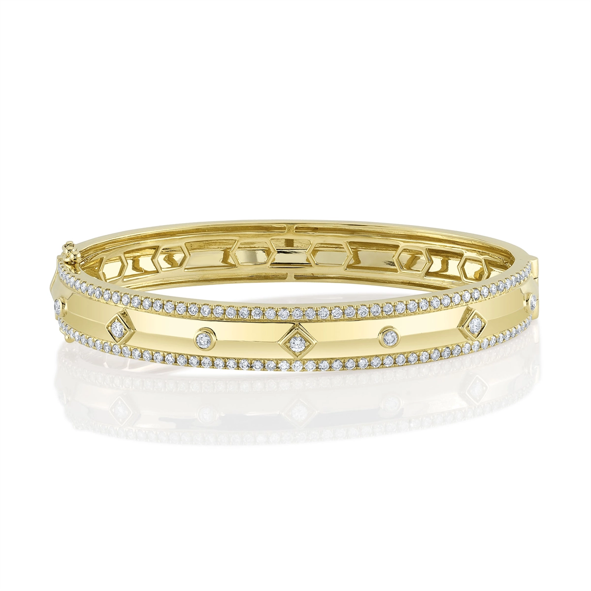 14K Yellow Gold Clasped Bangle Bracelet with Diamond Edges and Bezel Set Diamond Center