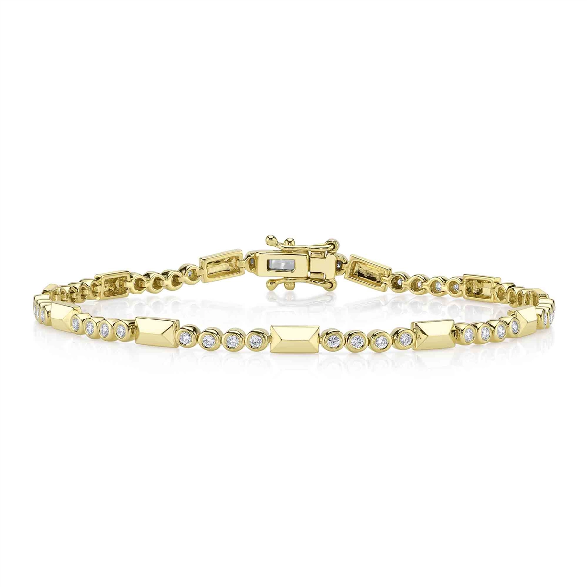 14K Yellow Gold Geo Rectangular and Bezel Set Diamond Bracelet