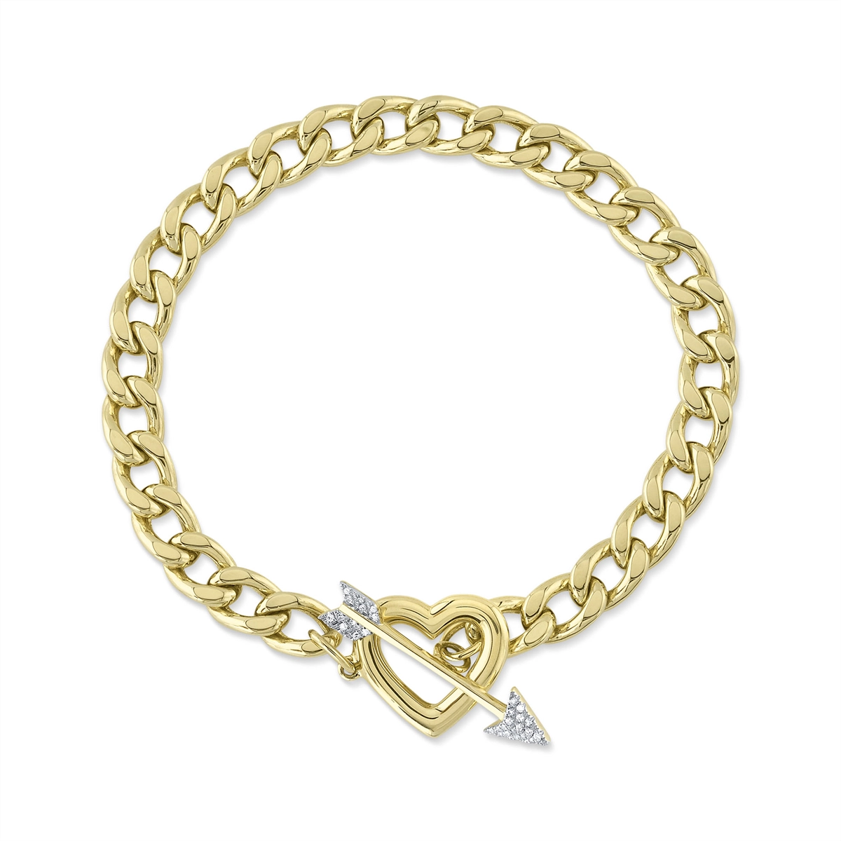 14K Yellow Gold Heart and Diamond Arrow Link Bracelet