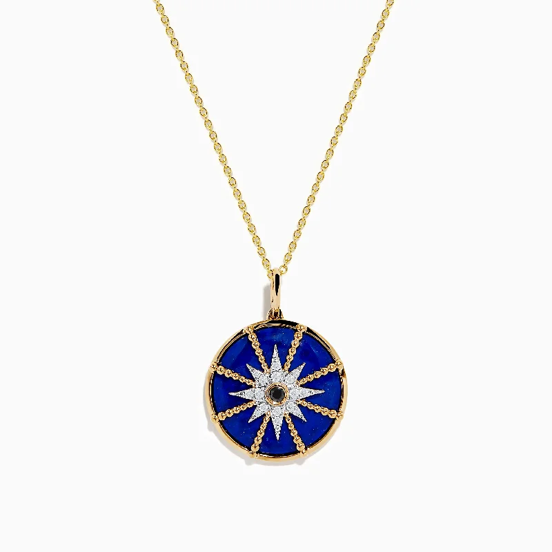 14K Yellow Gold Lapis, White and Black Diamond Compass Pendant