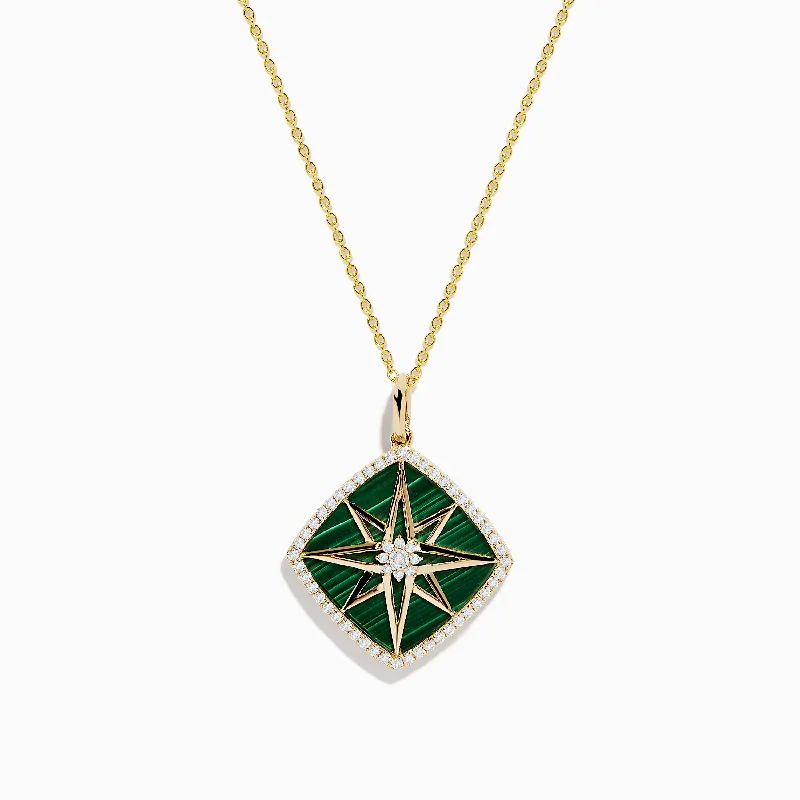 14K Yellow Gold Malachite and Diamond Compass Pendant