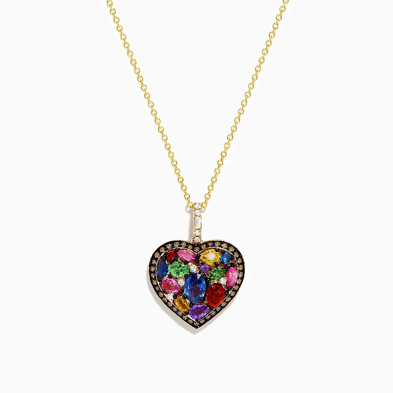 14K Yellow Gold Multi Color Sapphire, White and Brown Diamond Heart Pendant