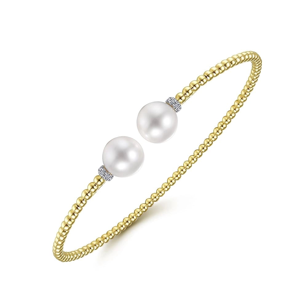 14K Yellow Gold Pearl and Diamond Cuff Bracelet