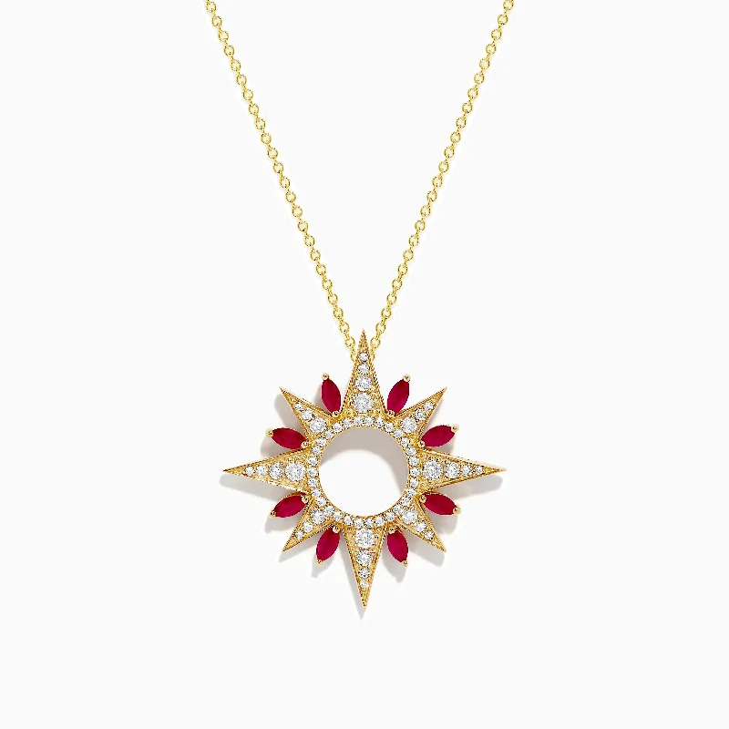 14K Yellow Gold Ruby and Diamond Sun Pendant