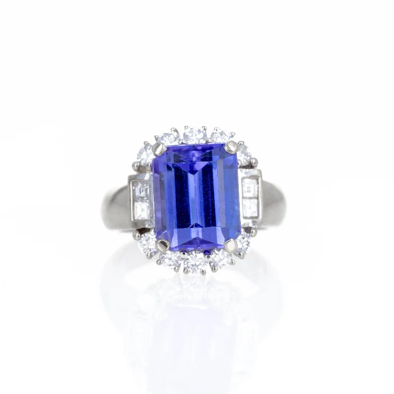 18K White Gold 6.48 Carat Tanzanite Diamond Halo Ring