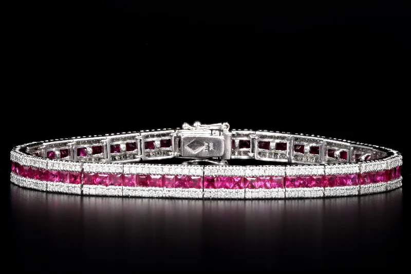 18K White Gold Natural Ruby & Diamond Line Bracelet