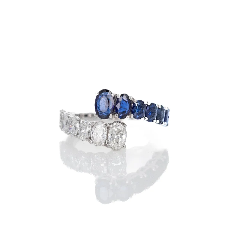 18K White Gold Oval Sapphire Diamond Bypass Ring