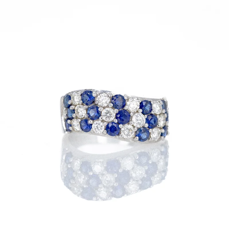 18K White Gold Round Sapphire Diamond Curved Pave Band