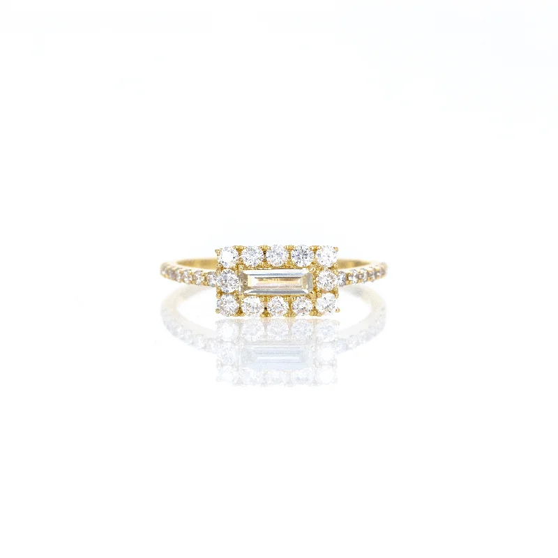 18K Yellow Gold 0.35 Carat Baguette Diamond East-West Halo Ring