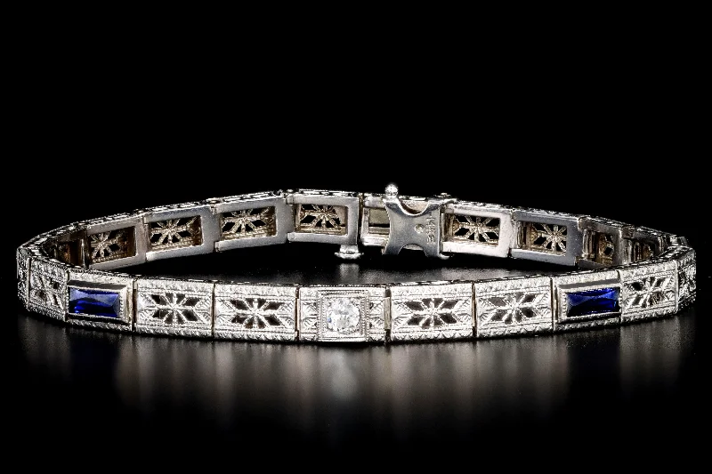 Art Deco 14K White Gold .10 Carat Old European Diamond & Synthetic Sapphire Bracelet