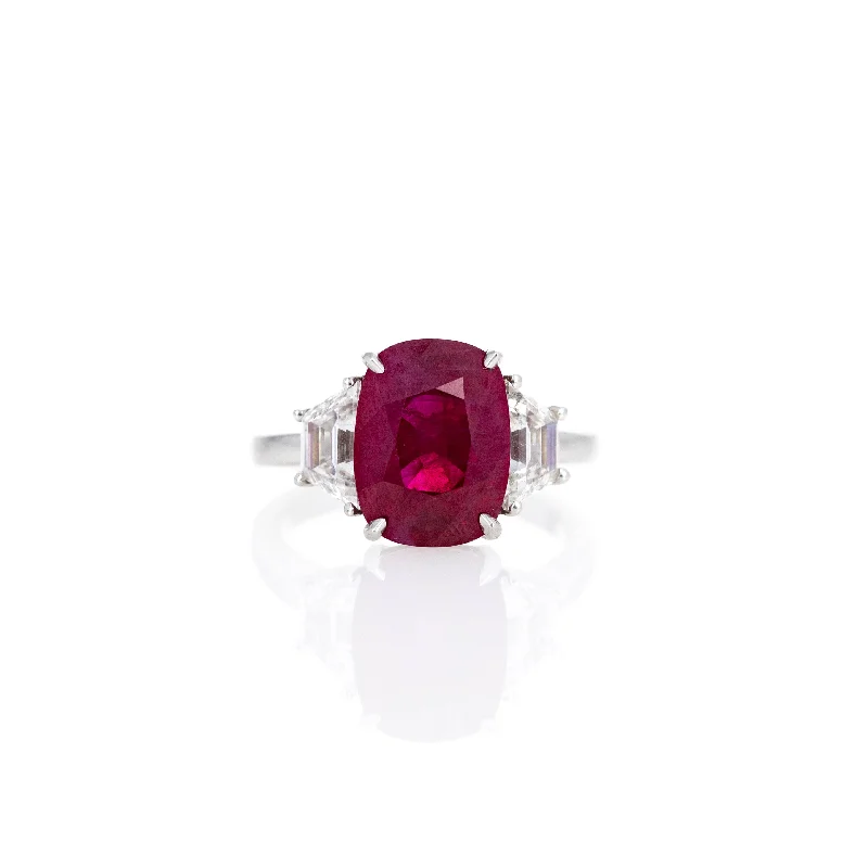 6.31 Carat Cushion Burma Natural Ruby Diamond Three Stone Ring