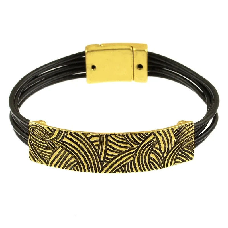 Etched Gold Bar Black Leather Bracelet