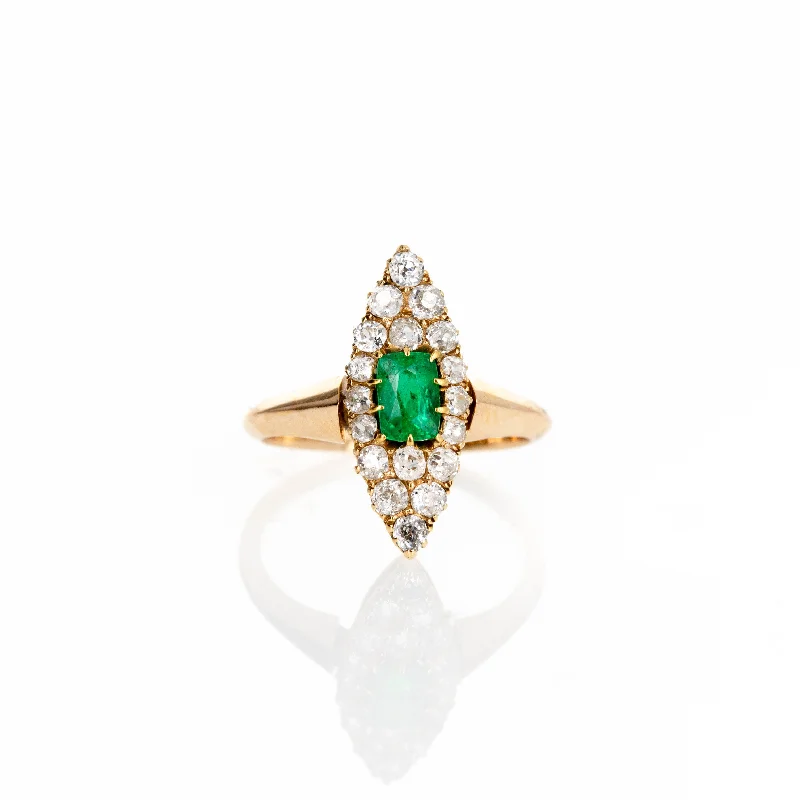 Antique Victorian 0.60 Carat Emerald Old European Diamond Navette Ring