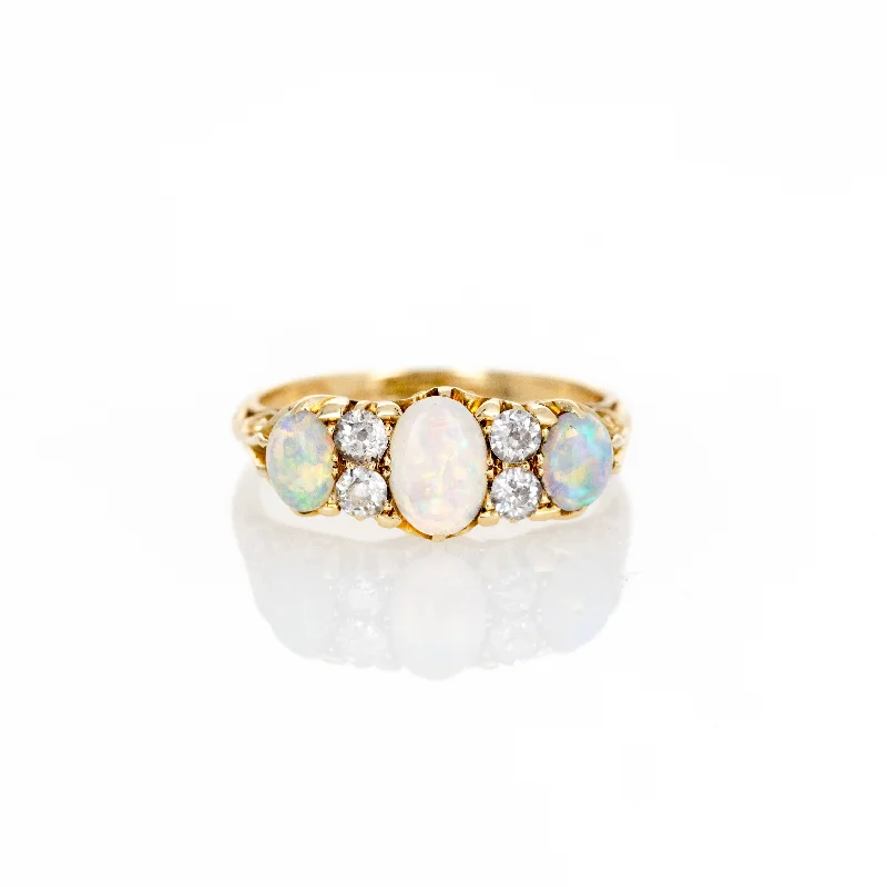 Antique Victorian 18K Yellow Gold Opal Diamond Three Stone Ring