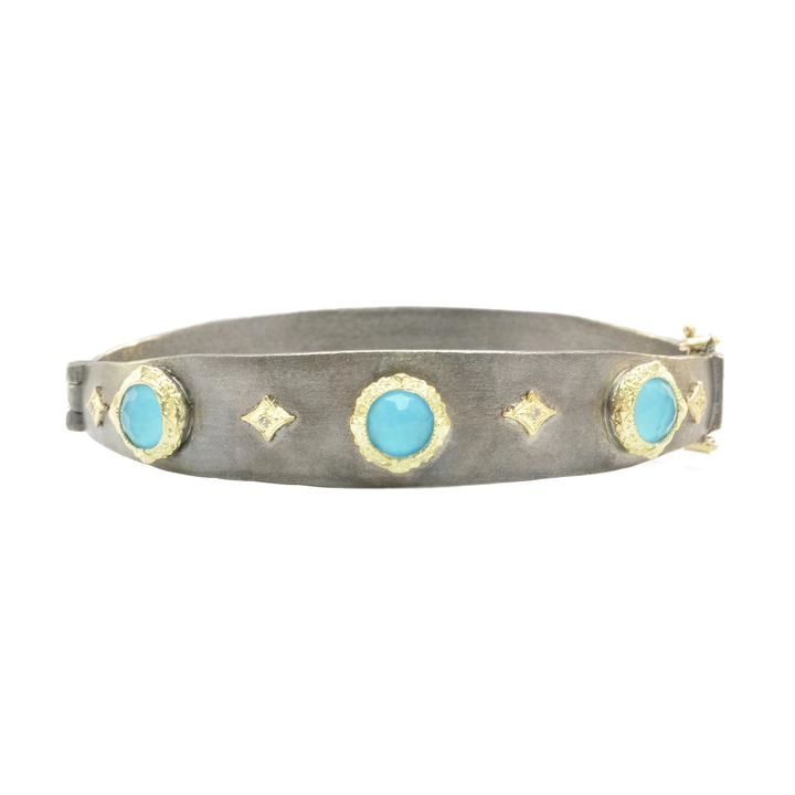 Armenta Old World 18K Yellow Gold & Blackened Sterling Silver Bracelet with Turquoise & White Quartz Doublets with Champagne Diamonds