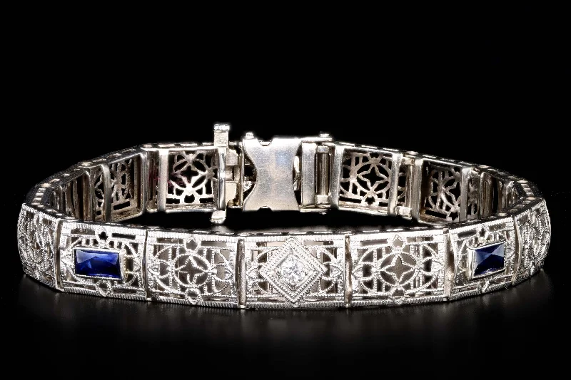 Art Deco 14K White Gold Old European Cut Diamond & Synthetic Sapphire Filigree Bracelet