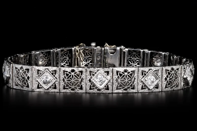 Art Deco 14K White Gold & Platinum 1 Carat Total Weight Old European Cut Diamond Bracelet