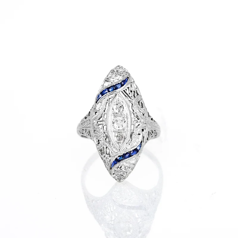 Art Deco Old European Diamond Synthetic Sapphire Filigree Shield Ring