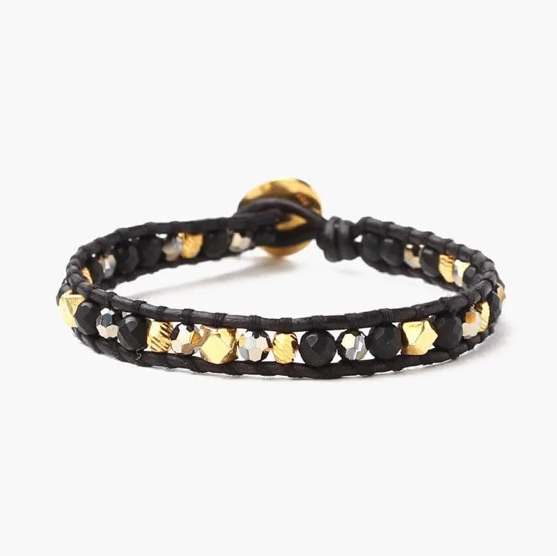 18K Gold Plated Sterling Silver Matte Onyx 6" Warp Bracelet