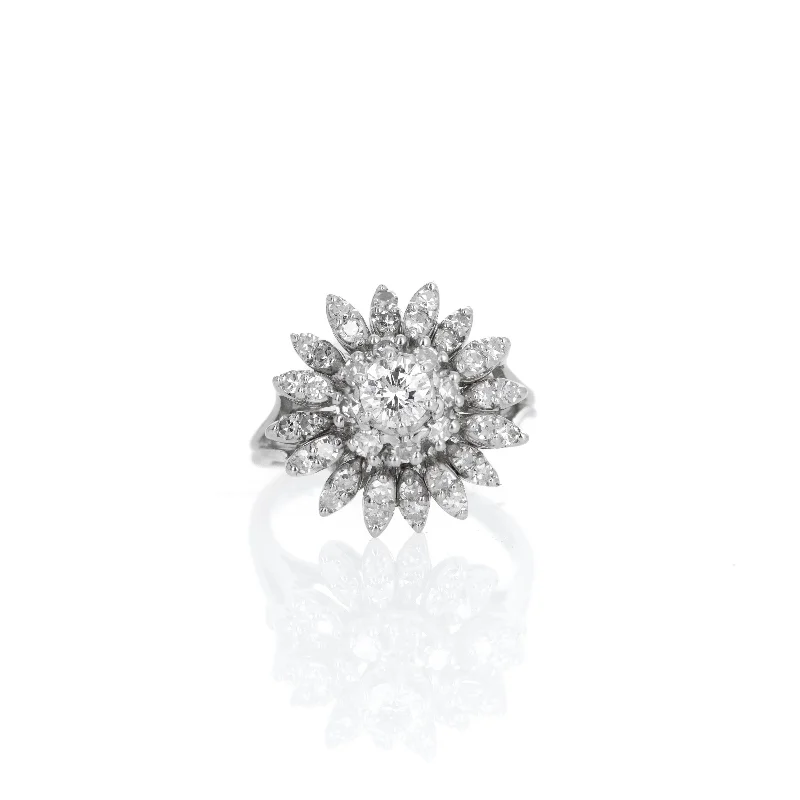 14K White Gold 1 Carat Round Diamond Starburst Cocktail Ring