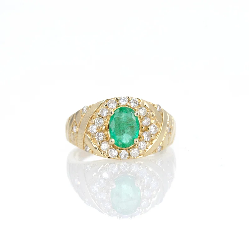 14K Yellow Gold 0.70 Carat Natural Emerald Diamond Halo Ring