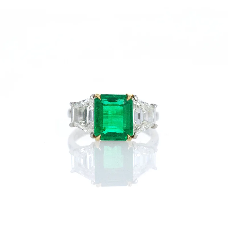 3.55 Carat Natural Zambian Emerald & Trapezoid Diamond Three Stone Ring