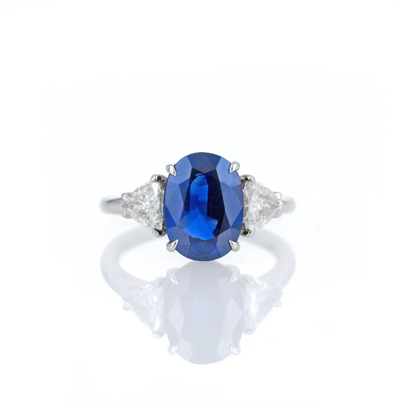 4.24 Carat Natural No Heat Sapphire Trillion Diamond Three Stone Ring