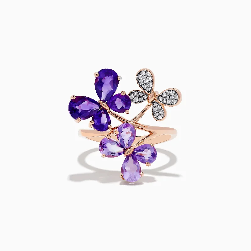 14K Rose Gold Amethyst and Diamond Multi-Butterfly Ring