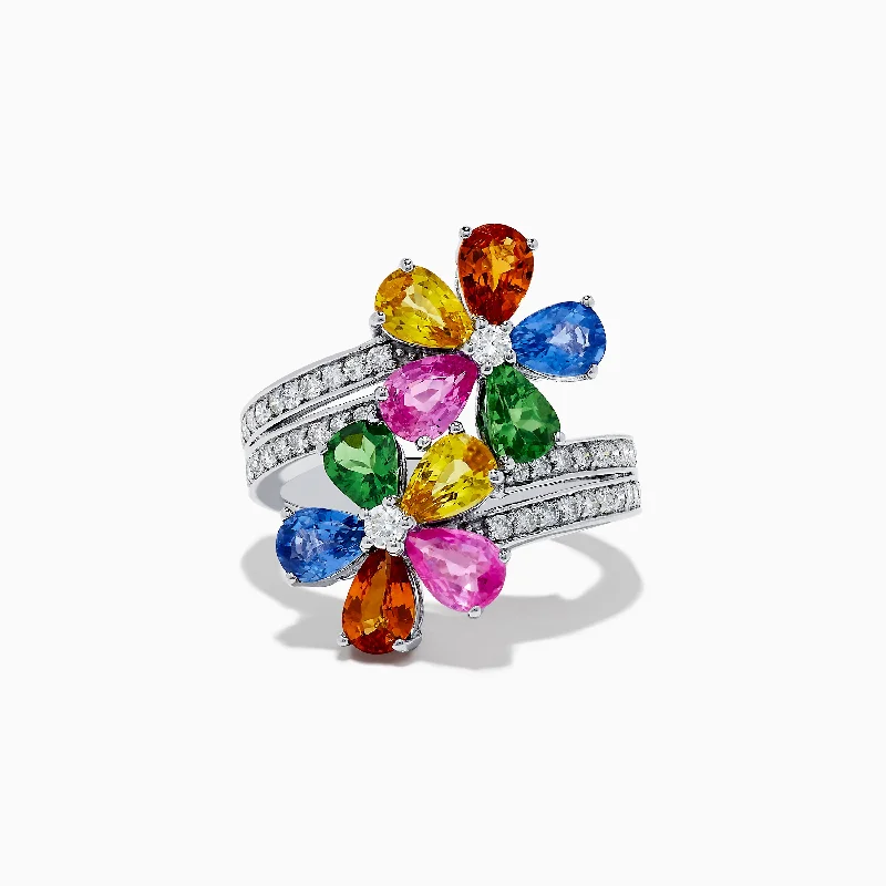 14K White Gold Multi Sapphire and Diamond Flower Ring