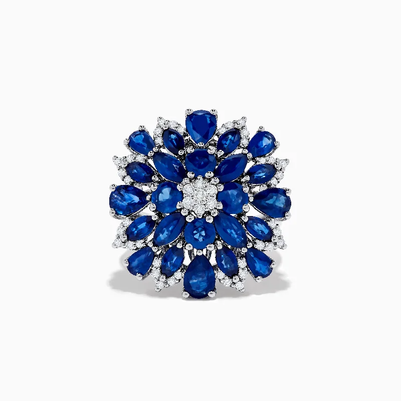 14K Yellow Gold Blue Sapphire and Diamond Flower Ring