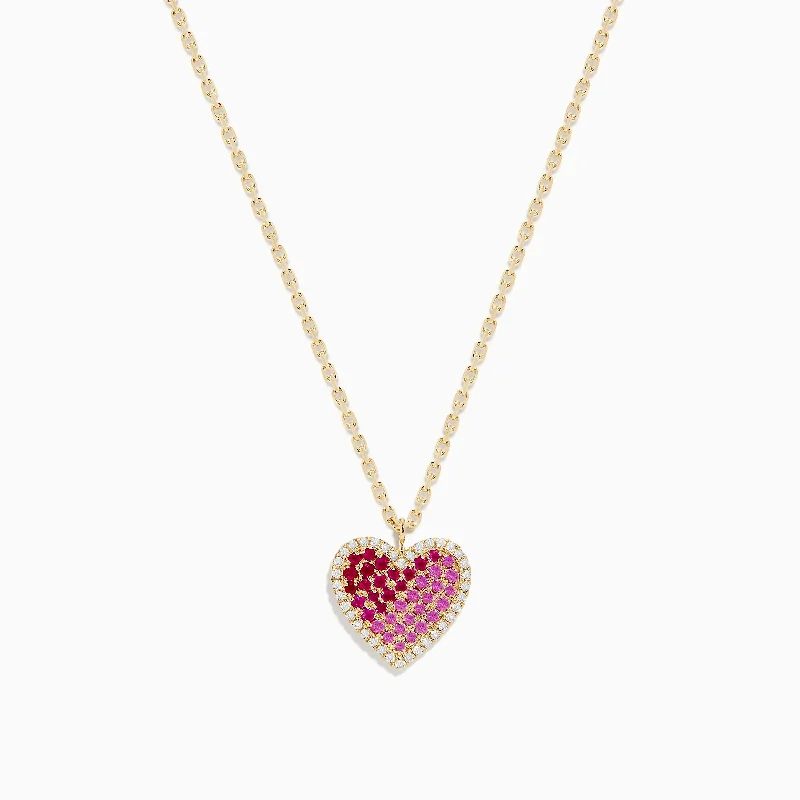 14K Yellow Gold Pink Sapphire, Ruby and Diamond Heart Pendant