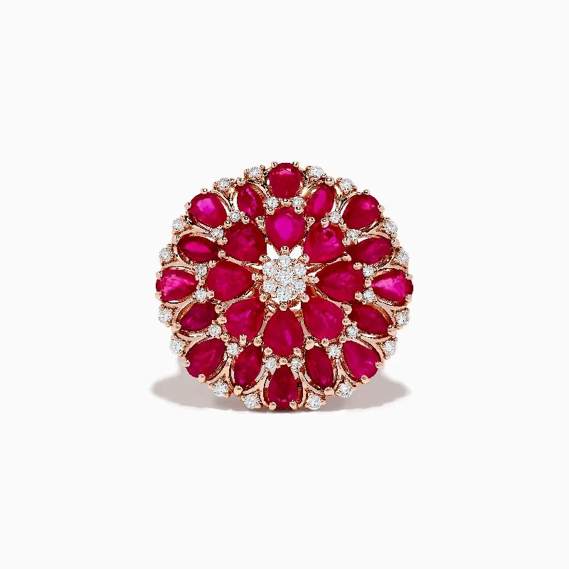 14K Yellow Gold Ruby and Diamond Flower Cocktail Ring