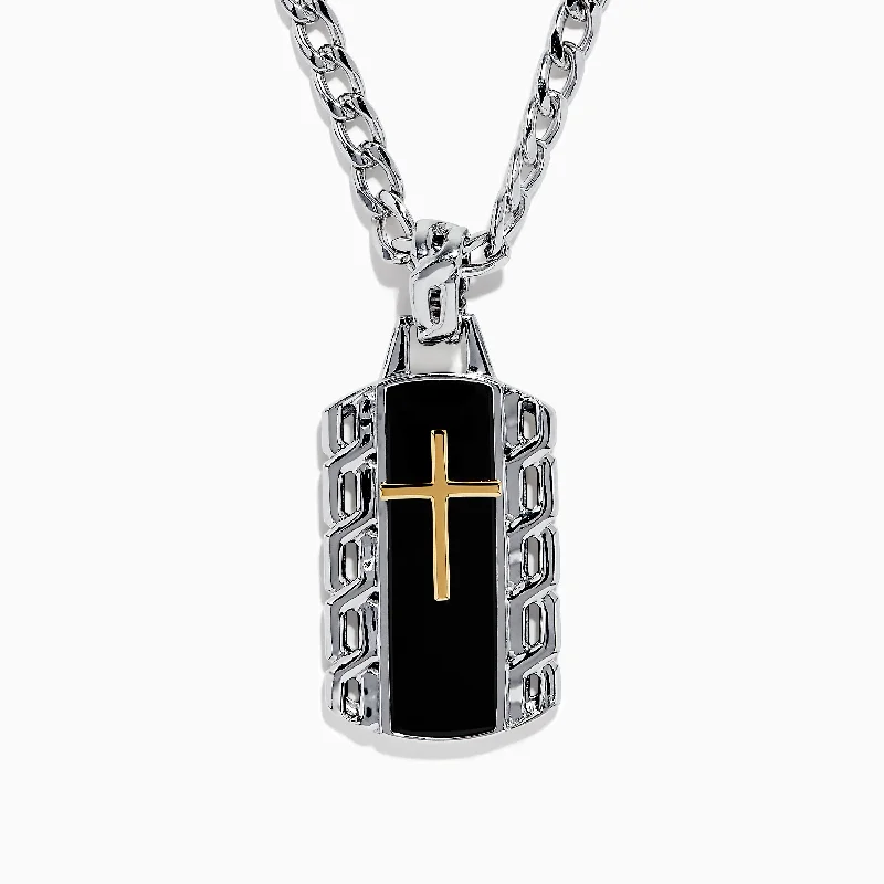 925 Mens's Sterling Silver/18K Yellow Gold Cross Dog Tag Pendant