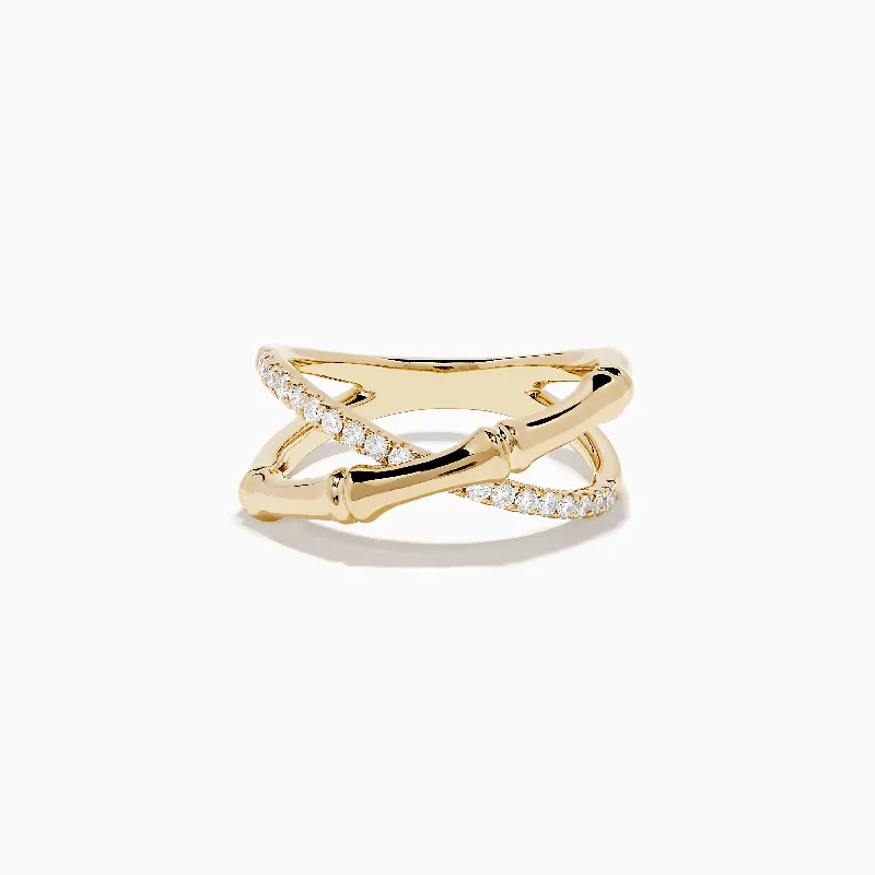 D'Oro 14K Yellow Gold Diamond Crossover Bamboo Ring