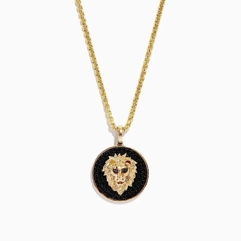 Men's 14K Yellow Gold Black Diamond Lion Head Pendant