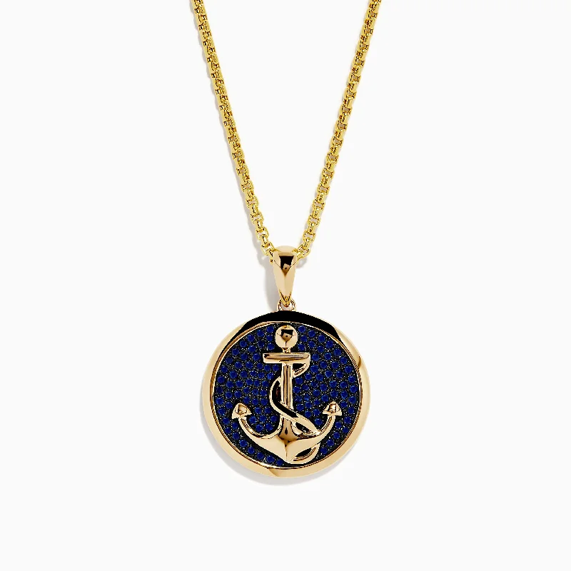 Men's 14K Yellow Gold Blue Sapphire Anchor Pendant