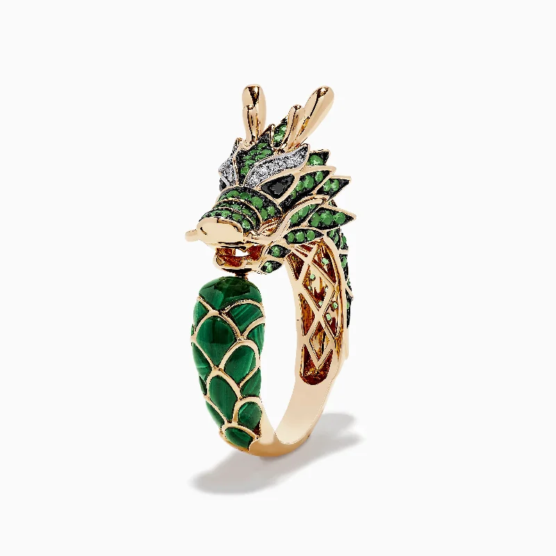 Men's 14K Yellow Gold Diamond, Tsavorite and Malachite Dragon Ring