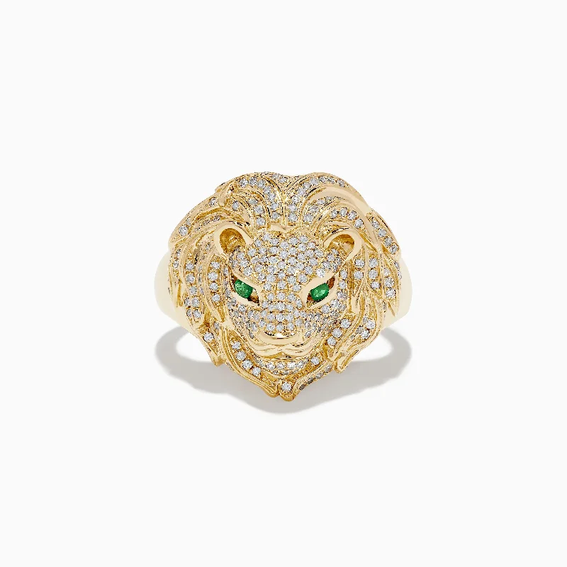 Men's 14K Yellow Gold Emerald and Diamond Lion Ring