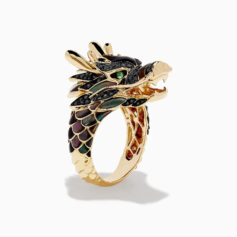 Men's 14K Yellow Gold Tsavorite and Black Diamond Dragon Ring