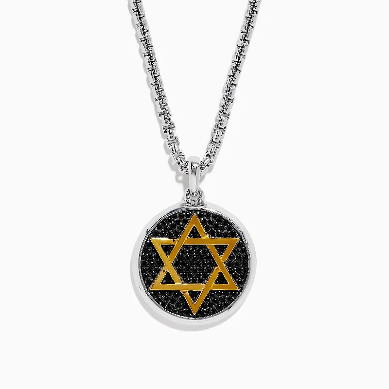 Men's 925 Sterling Silver and Gold Plated Black Spinel Star of David Pendant